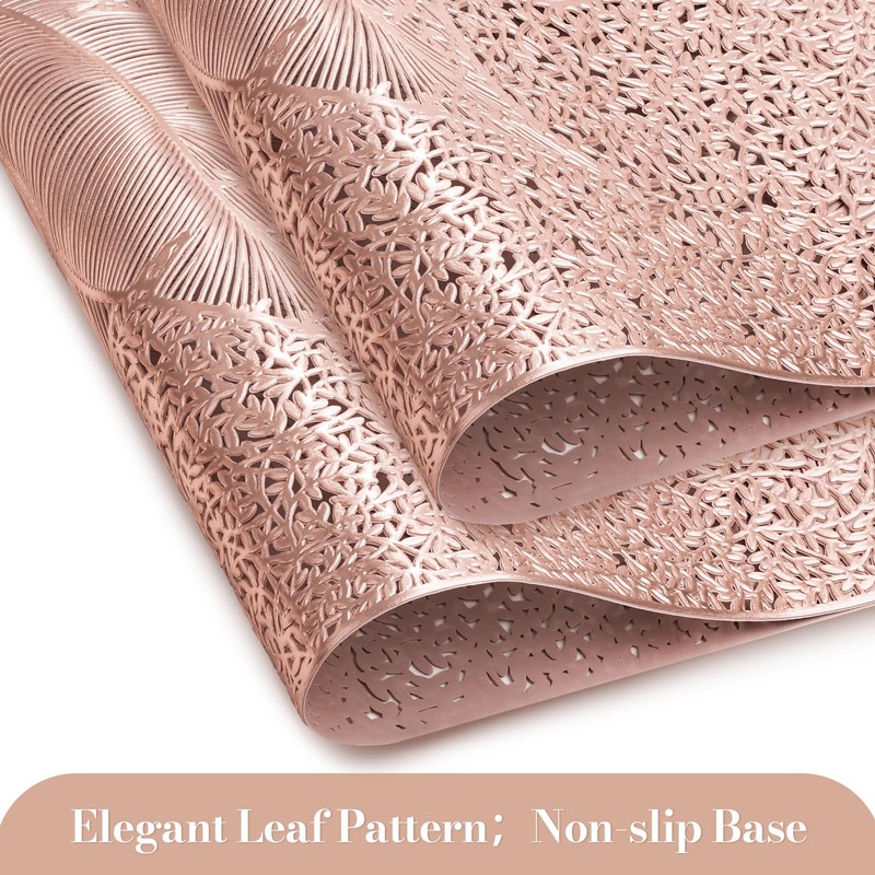 fanquare Rose Gold Leaf Pattern Rectangle Placemats, Set of 6,