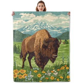 Kibue Cartoon Bison Blanket - Soft & Cozy Warm Flannel Throw - Plush Lightweight Blankets for Travel, Sofa, Bedroom, Office - Gifts for Adults Women Kids - for All Seasons 60"×50"