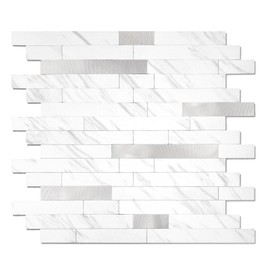 Yipscazo 5 Sheets Peel and Stick Stone Metal Tile Backsplash, Stick on Tiles for Backsplash Kitchen, Bathroom, Laundry Room, Camper, Fireplace (12'' X 12'', White Stone with Metal)