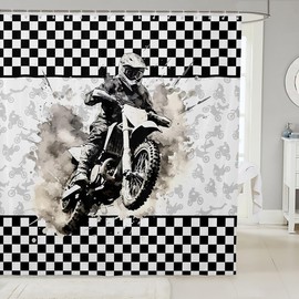 Motorcycle Shower Curtain,Motocross Rider Racing Cool Graffiti Bath Curtain for Kids Boys,Dirt Bike Black White Checkered Waterproof Bathroom Curtain with 12 Hooks Suit, 72Wx72L inch