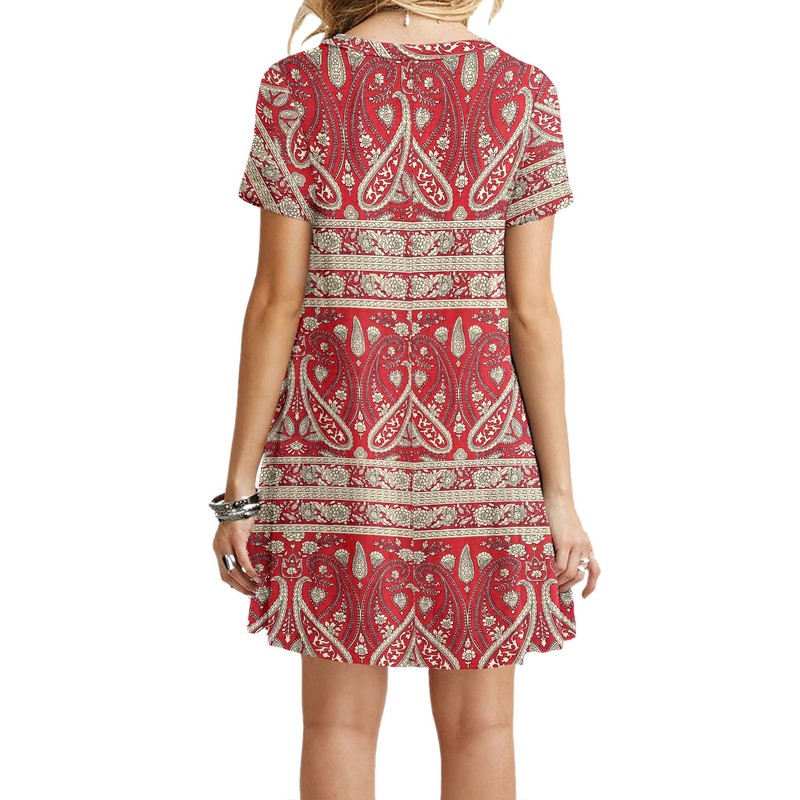 MOLERANI Women's Casual Plain Simple T-Shirt Loose Dress(Boho Floral Red,XS)