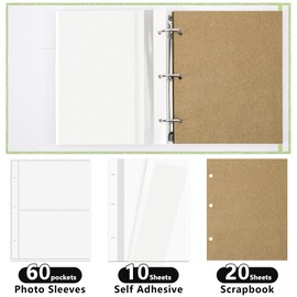 Vienrose Photo Album 4X6 60 Pockets, Linen Scrapbook Photo Album, 3 Ring Binder Album with 40 Scrapbook Pages, and 20 Self-Adhesive Pages, Travel Family Wedding (Grass Green)
