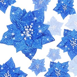 24 Pieces Glitter Poinsettia Artificial Christmas Flowers Poinsettia Decorations Wedding Christmas Tree Ornaments, 3/4/6 Inches (Blue)