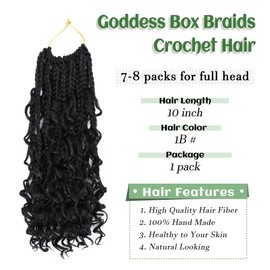 Goddess Box Braids Crochet Hair 10 Inch 1 Pack Pre-looped Bohemian Crochet Boho Box Braids With Curly Ends 3X Crochet Braids Hair for Women Synthetic Braiding Hair (10 inch, #1B)