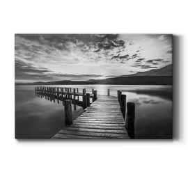 Renditions Gallery Canvas Prints Wall Art Landscape Nature Black White Lake Artwork,Evening Dock,Ready to Hang, 27''x 18'', Made in America