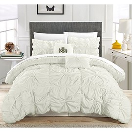 Chic Home Halpert 6 Piece Comforter Set Floral Pinch Pleated Ruffled Designer Embellished Bed Skirt and Decorative Pillows Shams Included, Queen, White