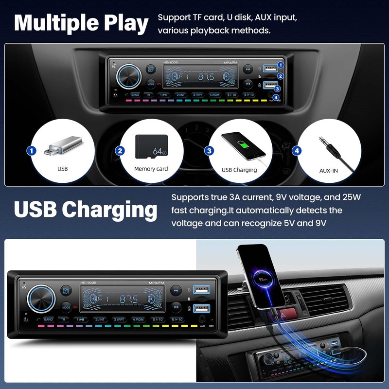 1 DIN Car Radio with Bluetooth, Single DIN Media Player