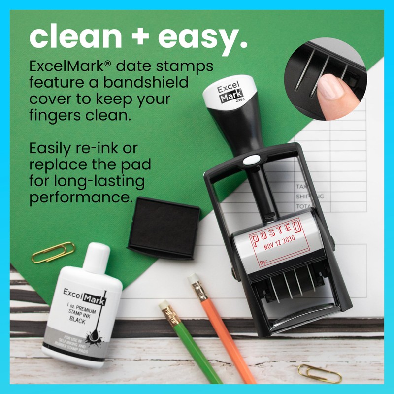 ExcelMark Heavy Duty Self-Inking Date Stamp (Red, Posted)