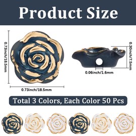 PONABEADIY 1 Box 150PCS Black White Clear Rose Shape Bead Flat Back Flower Shaped Camellias Floral Golden Metal Enlaced Resin Charms Spacer Loose Beads for Jewelry Making Necklaces DIY Craft Supply