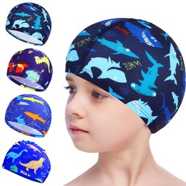 4PCS Swimming Cap Kids, Waterproof Swimming Cap, Comfortable Swim Cap for Boys Girls, Cartoon Shark Dinosaur Cat Pony Swim Cap Kids for Age 2-12 Teens, Kids Swim Cap for Long Short Hair (Blue)