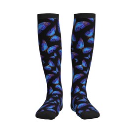 Wyayazh Blue Butterfly Compression Socks Women Men Knee High Support Socks For Athletic Running Cycling