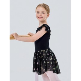 Mecceos Girls Ballet Leotard with Skirt Toddler Dance Dresses Criss-Cross Hollow Back Ruffle Butterfly Sleeve Ballerina, Black（ruffle Sleeve）, 10-12 Years
