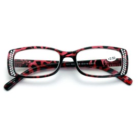 V.W.E. Women Rectangular Rhinestones Reading Glasses - Fashion Leopard Clear Lens Readers Demi Tortoise (Red, 1.75)