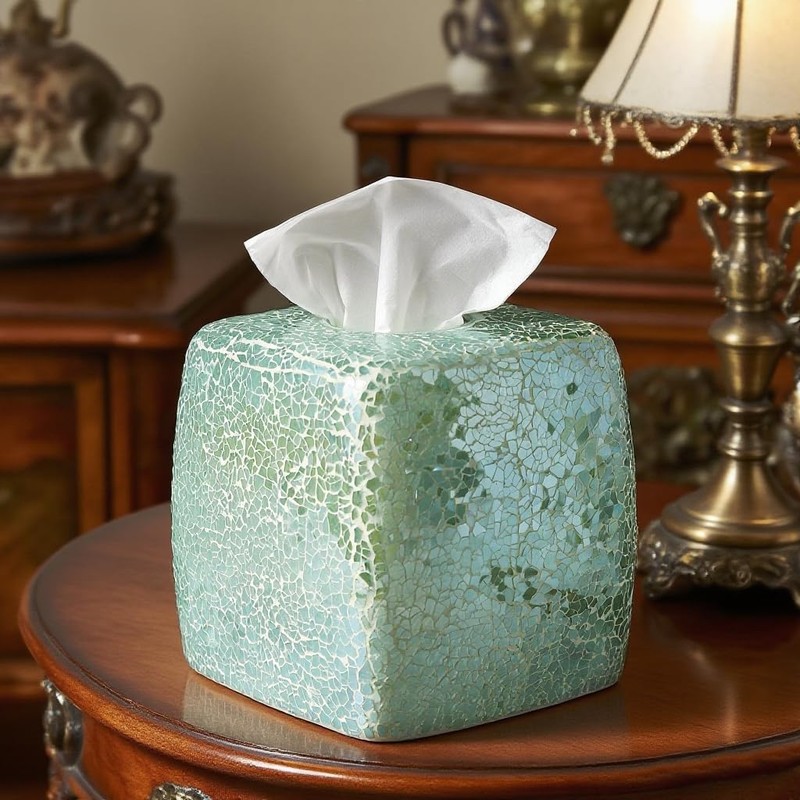 Handmade Mosaic Glass Tissue Box Cover, Square Decorative Holder, Turquoise