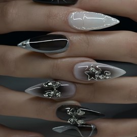 Pack of 24 Stick-On Nails Medium Almond, Black White French Press on Nails Star & Bow Designs Artificial Fingernails for Gluing, Natural Acrylic False Nails for Women Girls