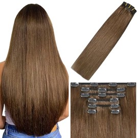 Extensiones de cabello con clip WindTouch, cabello humano real, castaño claro, 18 pulgadas, 75 g, 7 unidades, color castaño n.° 6, para mujeres.