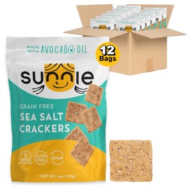 Sunnie Gluten Free Crackers - Healthy Grain Free Sea Salt Crackers, Snacks for Kids & Adults, Made with Avocado Oil, Only 5 Ingredients, Vegan Snack, Low Calorie (4 oz - Pack of 12)