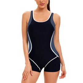 Odizli Swimming Costume with Shorts Women Tummy Control Sports Swimwear with Bra Support Ladies One Piece Full Body Modest Short Boyleg Swimsuits Bathing Suit Plus Size Black White L