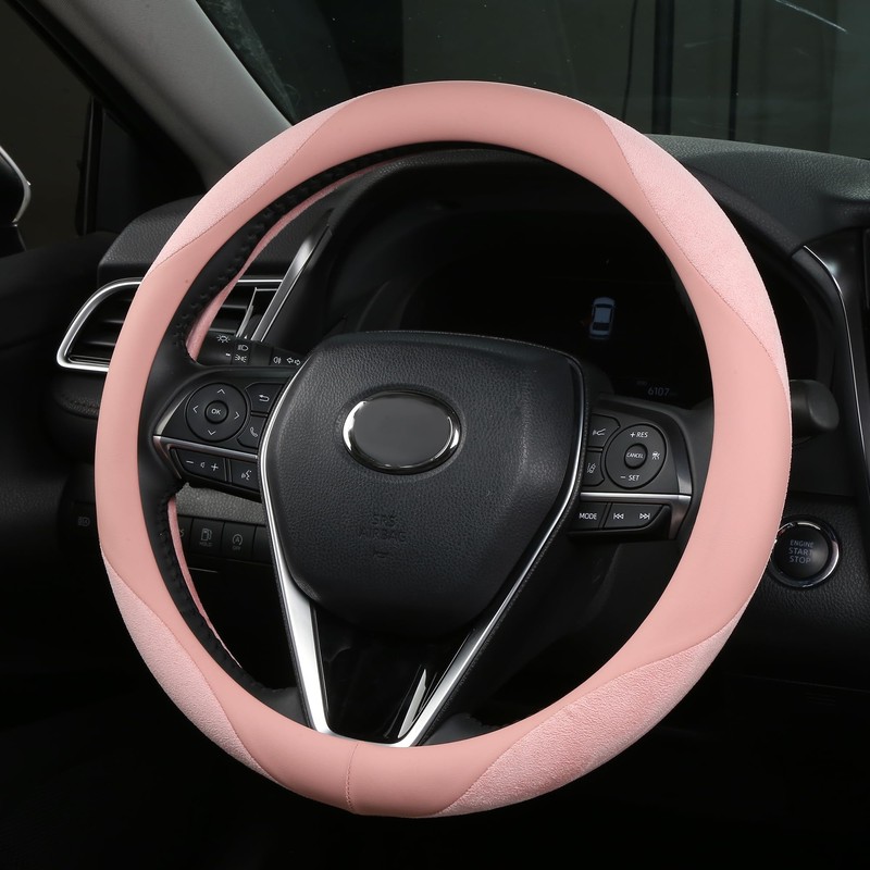 ALEMODR Pink Suede Leather Steering Wheel Cover Universal 15 inch