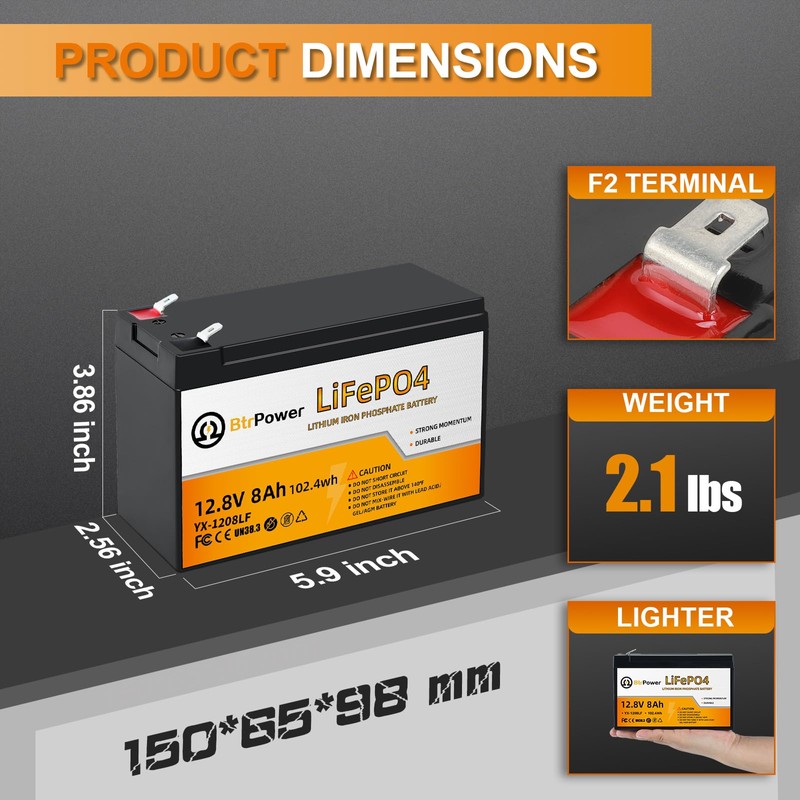 12V 8Ah Lithium LiFePO4 Battery|5000+ Deep Cycle LiFePO4 Battery|with 10A