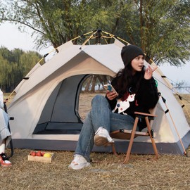 2 Person Windproof Oxford Tent Easy Setup Backpacking Tent for Camping, Hiking, Traveling (Beige,B)