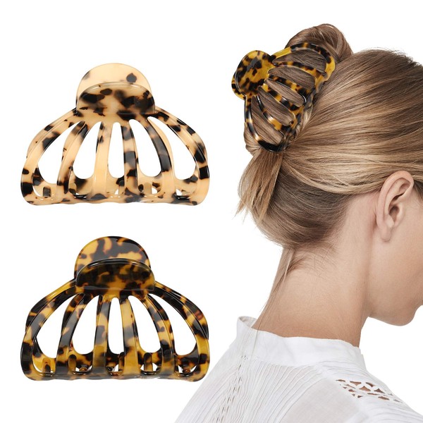 Shinowa Hair Clips, [2-Pack] Bohemian Tortoise Shell Hair Claw Clips Strong Hold Big Hair Jaw Clips for Thick Hair, Hair Accessories for Women Girls, Leopard