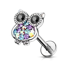 PiercedOff 316L Surgical Steel Labret with Jewelled Owl - Length 6mm Width 1.2mm
