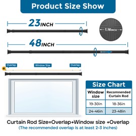 AIZESI Tension Rod 23 to 48 Inch, 1Pcs Black Tension Rod Tension Curtain Rod, Spring Tension Rod No Drilling Adjustable Curtain Rod for window，kitchen，closet，doorway