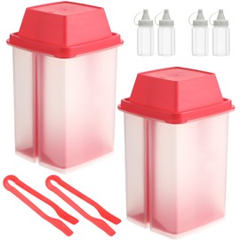 Pickle Container with Strainer 2 Pcs Jalapeno Container 40.5 oz with Pickled Tongs 4 Pcs Sauce Bottles Large Plastic Pickle Jar with Lifter Pickle Keeper for Cornichon Olive Gherkins Food(Red)