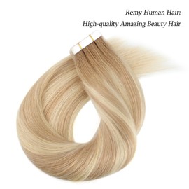 ABH AMAZINGBEAUTY HAIR Tape Extensions Echthaar Highlight Remy Tape in Haarverlängerungen Aschbraun übergehend in Schmutzigblond mit Platinblonden Highlight Extensions Tape R8-12/60 20 Stück 50g 35 cm