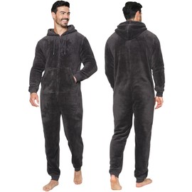 NOROZE Mens Plain Snuggle Hooded Onesie Adult Warm Fleece All-in-One Zip Jumpsuit Pyjamas Nightwear Loungewear Onesies (3XL, Charcoal)