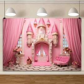 YongFoto Pink Princess Castle Backdrop 10x8ft Sofa Flowers Vases Curtain Door Room Interior Photography Background Girl Baby Kids Birthday Wedding Baby Shower Party Banner Living Room Decor