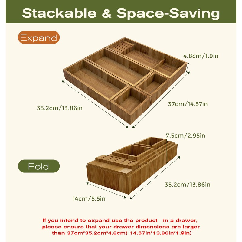 KOCWELL Bamboo Silverware Drawer Organizer with Knife Block, 5 Removable