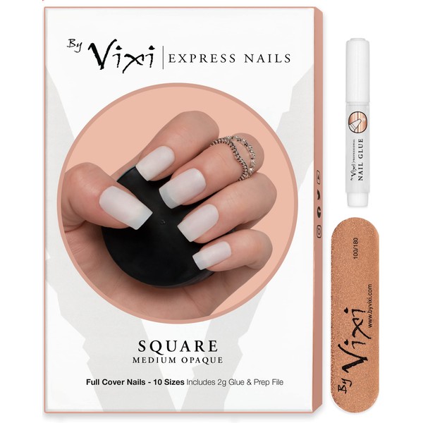 By Vixi 60 Pieces Medium Square Nail Set Free Glue and Preparation File 10 Sizes - Opaque Express Fingernail Extensions Full Cover For Professional Beauty Salon & Home Use