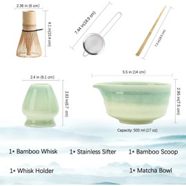 Japanese Matcha Whisk Set, Matcha Bowl with Spout, Matcha Whisk and Holder, Bamboo Matcha Scoop and Stainless Steel Sifter - 5 Pcs Gradient Green Matcha Kit for Matcha Lover