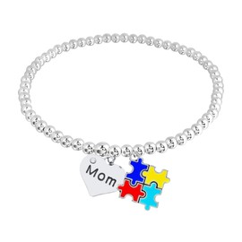 Infinity Collection Autism Mom Puzzle Charm Bracelet – Silver Beaded Stretch Bracelet with Colorful Puzzle Pieces & Engraved Mom Heart – Gift for Autism Awareness, Mother's Day