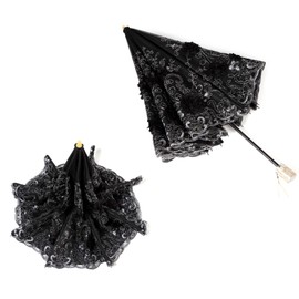 LCY Embroidered Lace Double-deck Anti-UV Parasol Sun/Rain/Snow Folding Umbrella-Black