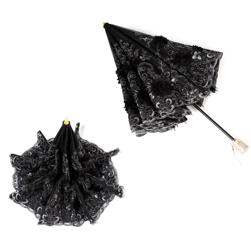LCY Embroidered Lace Double-deck Anti-UV Parasol Sun/Rain/Snow Folding Umbrella-Black
