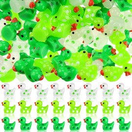 Realspring 100 Pcs St. Patrick's Mini Resin Shamrock Ducks Tiny Shamrock Duck Figurines for St. Patrick's Day Miniature Landscape Garden Accessories Dollhouse Birthday Party Favors