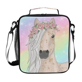 Fiambreras de caballo de flores arcoíris para niñas, bolsa de almuerzo aislada con correa para el hombro para la escuela