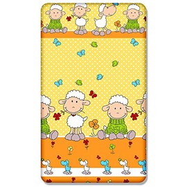 100% Cotton Fitted Sheet with Printed Design for Baby Junior Bed 160x70CM (Sheep Yellow)