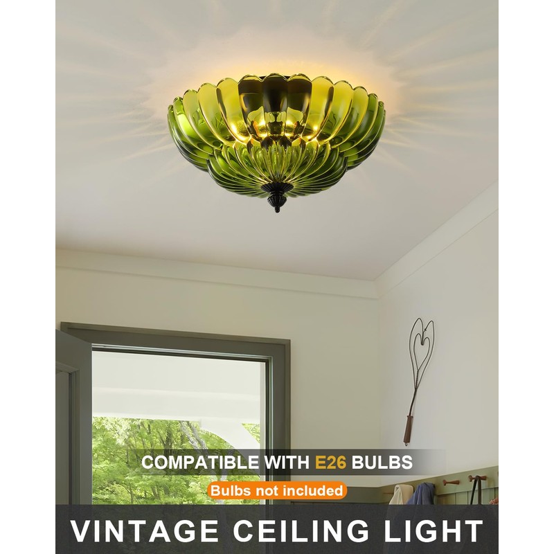 ANYLOVE Modern 12Inch Green Flower Glass Semi Flush Mount Ceiling
