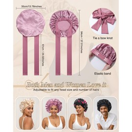 2 PCS Satin Bonnet Hair Bonnet for Sleeping Women Satin Hair Wrap with Elastic Tie Band Sleep Night Cap for Curly Hair (Bean Paste+Pink)