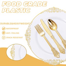 Joyido 125PCS White and Gold Plastic Plates - Gold Disposable Plates with Plastic Silverware - Vintage Disposable Dinnerware Set for 25 Guests for Weddings Parties