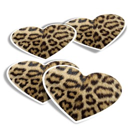 Vinyl Heart Stickers (Set of 4) - Wild Animal Print Leopard Cat Fur Fun Decals for Laptops,Tablets,Luggage,Scrap Booking,Fridges #46431