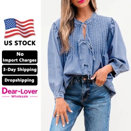 Dear-Lover Local Us Stock No Import Charges Wholesale New Arrivals Women Front Pintuck Bow Tie Puff Sleeve Denim TopsColor: LC7821301-P1204, Size: L