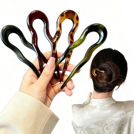 French Acrylic U Shaped Hairpins for Women Simple French Twist Hair Clips Leopard Print Elegant Hair Forks Glossy U Shaped Hairpin with Two Prongs Retro Hair Accessories for Women Girls 4pack