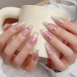 Pure Handmade Nails Press on Nail Reusable Fake Nails White&Aurora Bling Bling Medium Stick on Nails French Tip False Nails 10pcs (M, Q293)