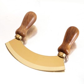 5.4 Inch Stainless Steel Mezzaluna Knife - Salad Chopper Rocker Pizza Cutter Rocker Knife Curved Blade Sharp Blade Double Acacia Wood Handle Fruit Vegetable Mincing (5.4 Inch Gold)