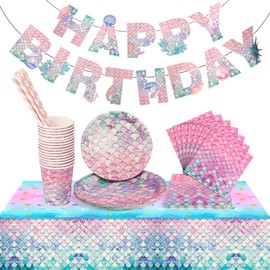 Eclare Mermaid Party Tableware Set, 86PCS Mermaid Party Decorations Mermaid Napkins, Straws, Tablecloths, Cups, Plates and Banner for Mermaid Birthday Decorations
